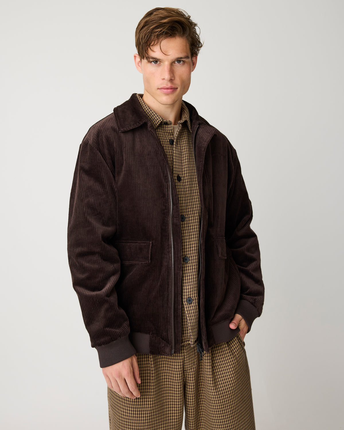 Loose houndtooth overshirt - Dark Brown check
