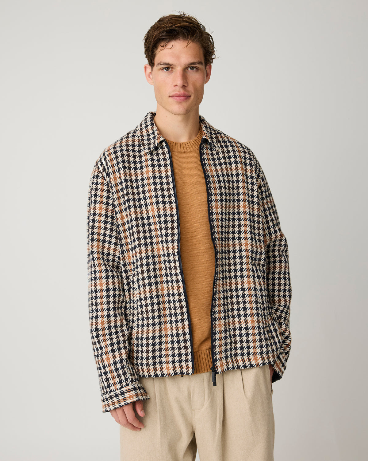 Houndtooth zip overshirt - Dark Brown check
