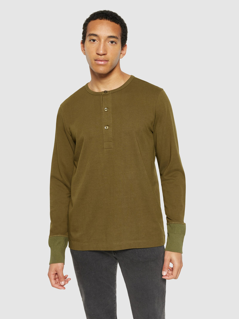 KnowledgeCotton Apparel - MEN BO long sleeve henley - Regenerative Organic Certified™ - GOTS/Vegan Henleys 1100 Dark Olive