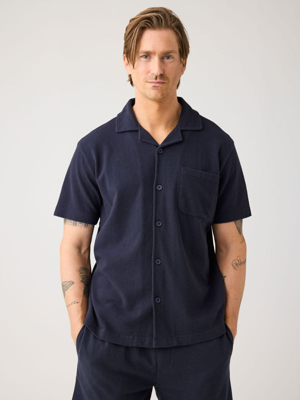 KnowledgeCotton Apparel - MEN Box fit short sleeve bouclé shirt - GOTS/Vegan Shirts 1412 Night Sky
