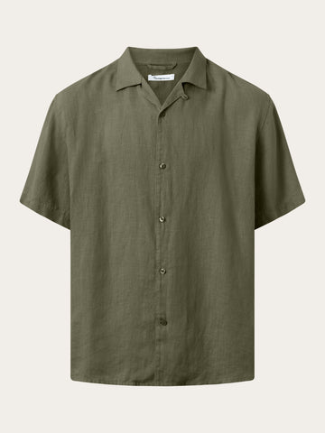KnowledgeCotton Apparel - MEN Box fit short sleeved linen shirt Shirts 1068 Burned Olive