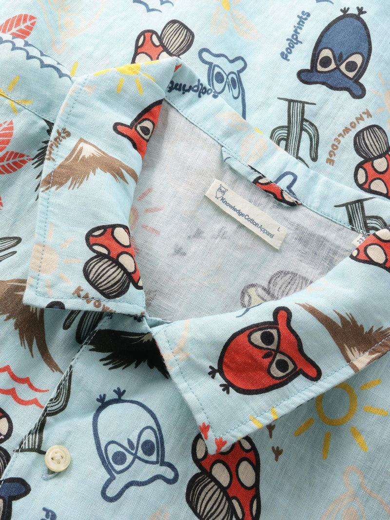 KnowledgeCotton Apparel - MEN Box short sleeve AOP linen shirt - GOTS/Vegan Shirts 1480 Aqua-Esque