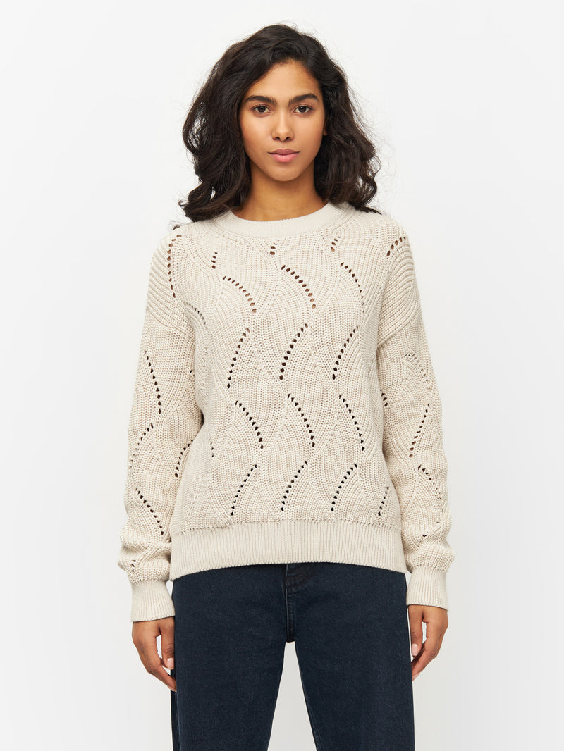 KnowledgeCotton Apparel - WMN Cotton cable crew neck Knits 1348 Buttercream