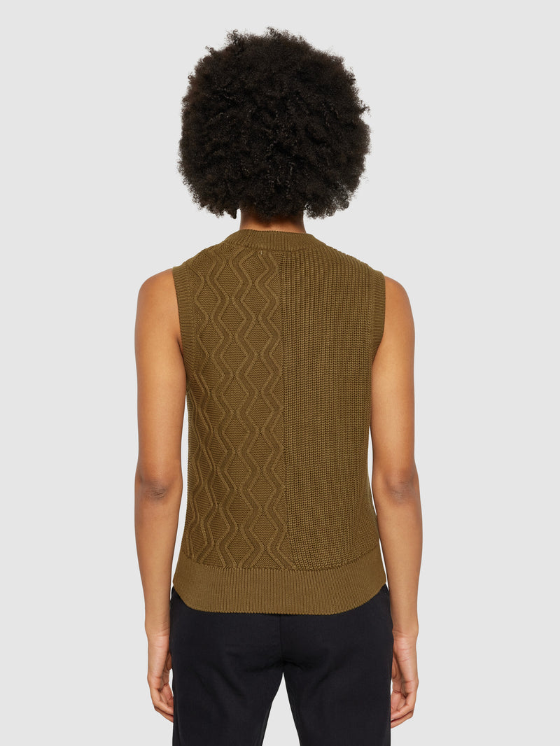 KnowledgeCotton Apparel - WMN Cotton cable crew neck vest - Regenerative Organic Certified® - GOTS/Vegan Knits 1100 Dark Olive