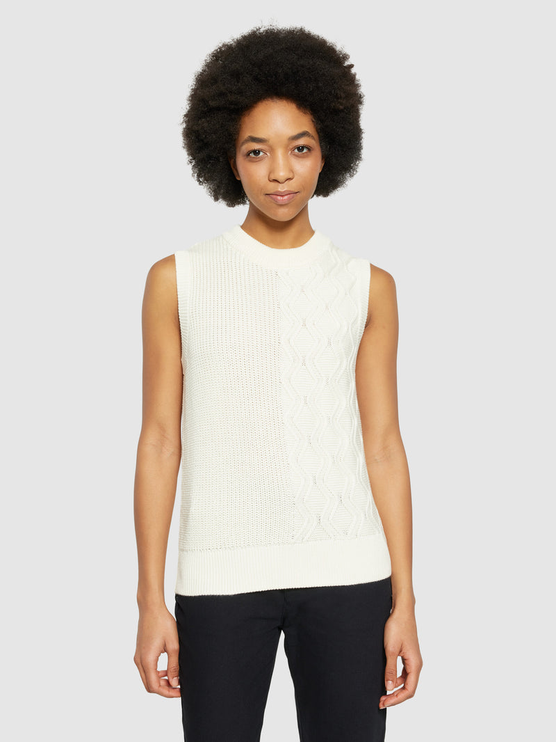 KnowledgeCotton Apparel - WMN Cotton cable crew neck vest - Regenerative Organic Certified® - GOTS/Vegan Knits 1387 Egret