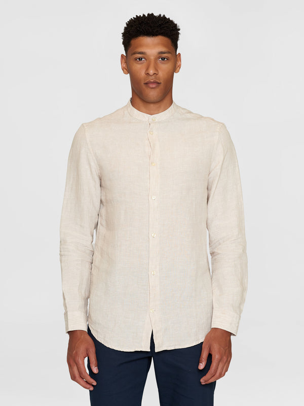KnowledgeCotton Apparel - MEN Custom fit linen stand collar shirt Shirts 1449 Yarndyed - Light feather gray