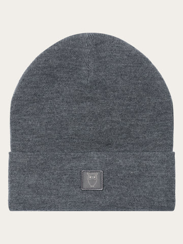 KnowledgeCotton Apparel - UNI Merino double layer badge beanie Hats 1073 Dark Grey Melange
