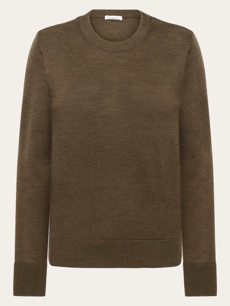 KnowledgeCotton Apparel - WMN Merino Wool Crew Neck RWS Knits 1100 Dark Olive