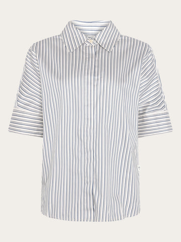 KnowledgeCotton Apparel - WMN Islet regular satin short sleeve shirt Shirts 8021 Blue stripe