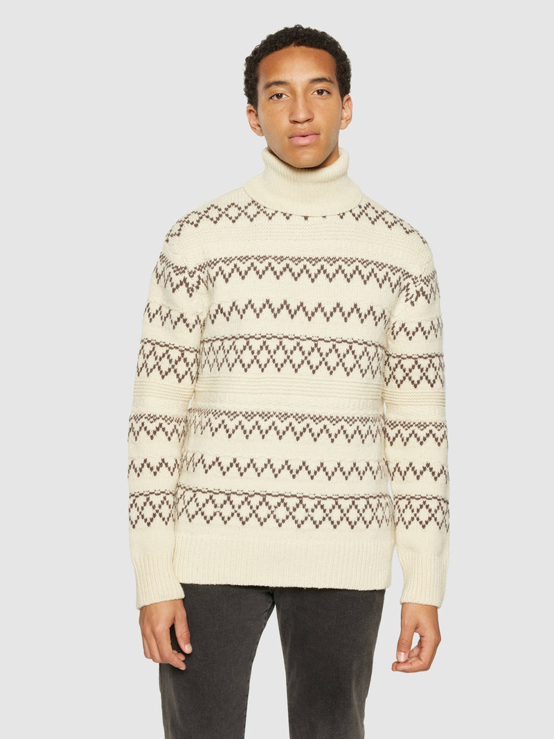 KnowledgeCotton Apparel - MEN Knitted pattern roll neck - RWS Knits 8030 Beige stripe