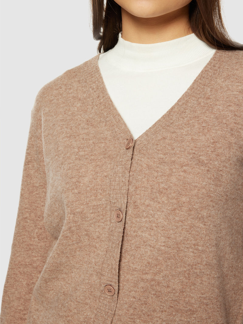 KnowledgeCotton Apparel - WMN Lambswool V-neck Cardigan Knits 1336 Kelp melange