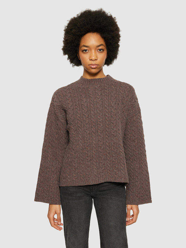 KnowledgeCotton Apparel - WMN Lambswool cable crew neck - RWS Knits 1243 Demitasse (brown)