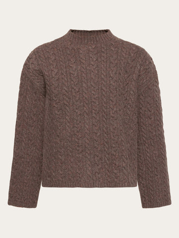 KnowledgeCotton Apparel - WMN Lambswool cable crew neck - RWS Knits 1243 Demitasse (brown)