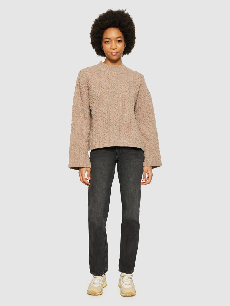 KnowledgeCotton Apparel - WMN Lambswool cable crew neck - RWS Knits 1336 Kelp melange