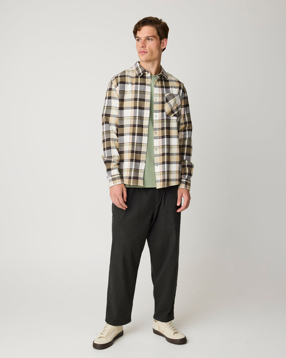 KnowledgeCotton Apparel - MEN Light flannel checkered costum fit shirt Shirts 7026 Brown check