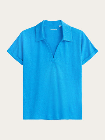 KnowledgeCotton Apparel - WMN Linen split neck polo T-shirts 1445 Malibu Blue