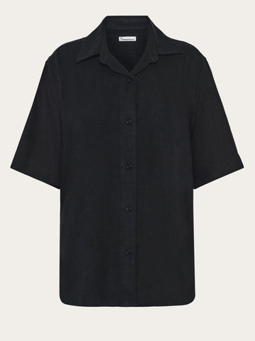 KnowledgeCotton Apparel - WMN Loose linen-mix short sleeve shirt Shirts 1300 Black Jet