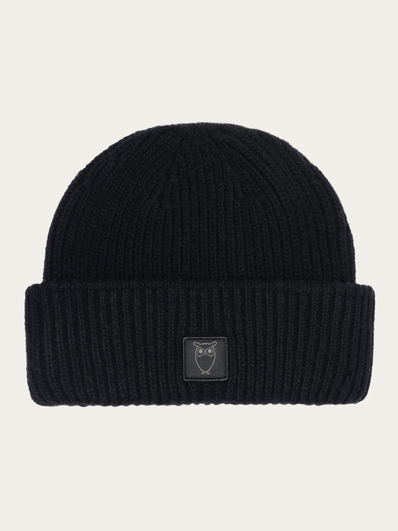 KnowledgeCotton Apparel - UNI Low wool rib beanie Hats 1300 Black Jet