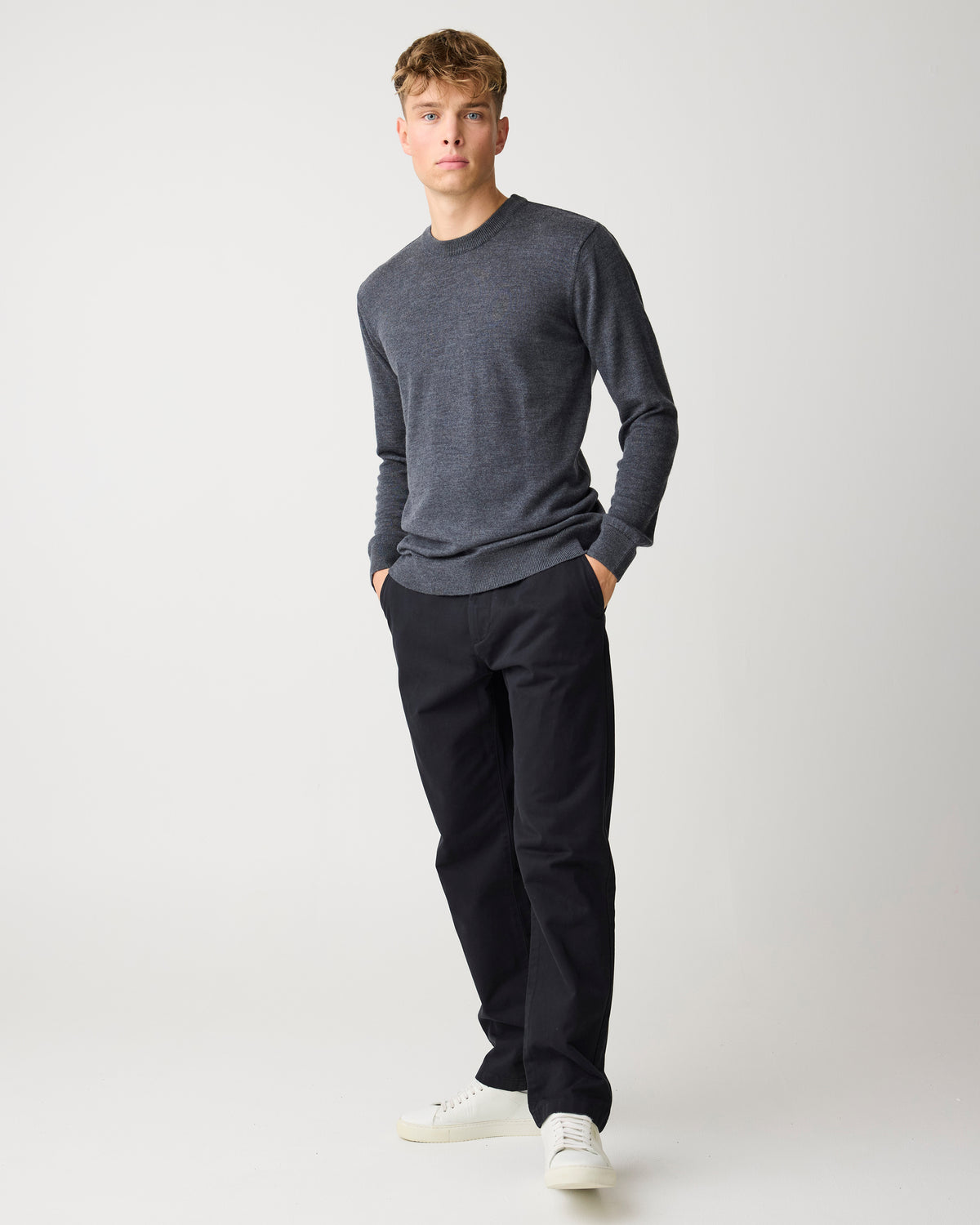 KnowledgeCotton Apparel - MEN Merino crew neck sweater Knits 1073 Dark Grey Melange