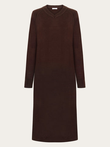 KnowledgeCotton Apparel - WMN Merino mid length v-neck dress - RWS Dresses 1243 Demitasse (brown)