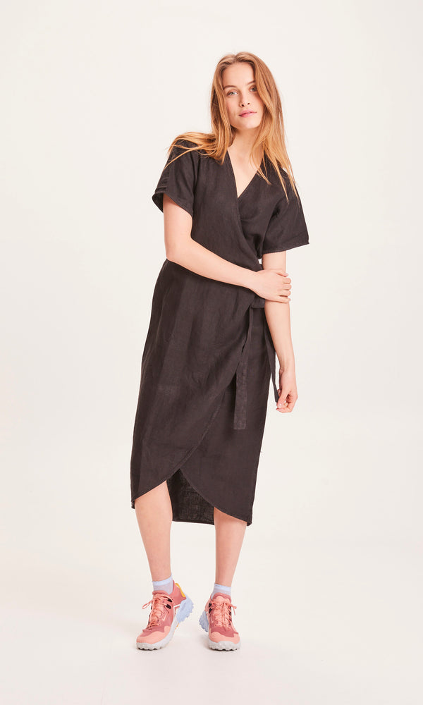 KnowledgeCotton Apparel - WMN ORCHID linen wrap dress Dresses 1300 Black Jet