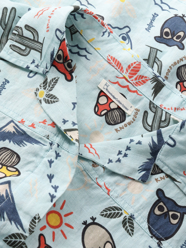 KnowledgeCotton Apparel - WMN Owl cactus AOP short sleeved shirt - GOTS/Vegam Shirts 1480 Aqua-Esque