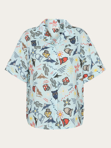 KnowledgeCotton Apparel - WMN Owl cactus AOP short sleeved shirt - GOTS/Vegam Shirts 1480 Aqua-Esque