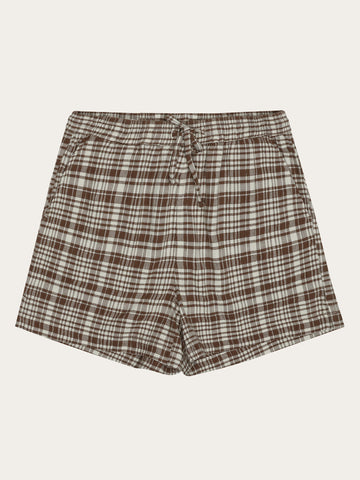 KnowledgeCotton Apparel - WMN POSEY wide mid-rise check seersucker shorts - GOTS/Vegan Shorts 7030 Beige check