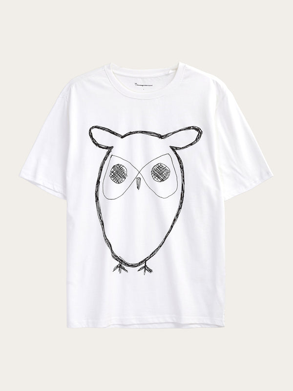 KnowledgeCotton Apparel - MEN Regular big owl front print t-shirt - Regenerative Organic Certified™ - GOTS T-shirts 1010 Bright White