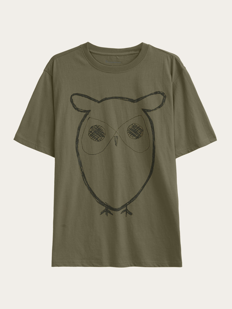 KnowledgeCotton Apparel - MEN Regular big owl front print t-shirt - GOTS T-shirts 1068 Burned Olive