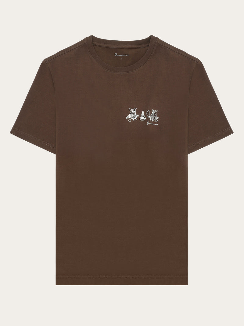 KnowledgeCotton Apparel - MEN Regular fit owl trip chest print t-shirt - Regenerative Organic Certified® - GOTS/Vegan T-shirts 1243 Demitasse (brown)