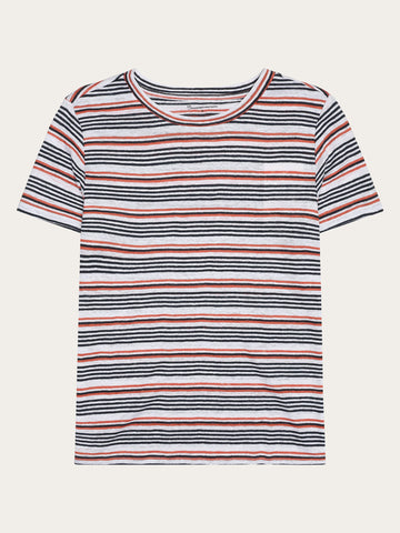 KnowledgeCotton Apparel - WMN Regular linen stripe t-shirt - GOTS/Vegan T-shirts 8020 White stripe