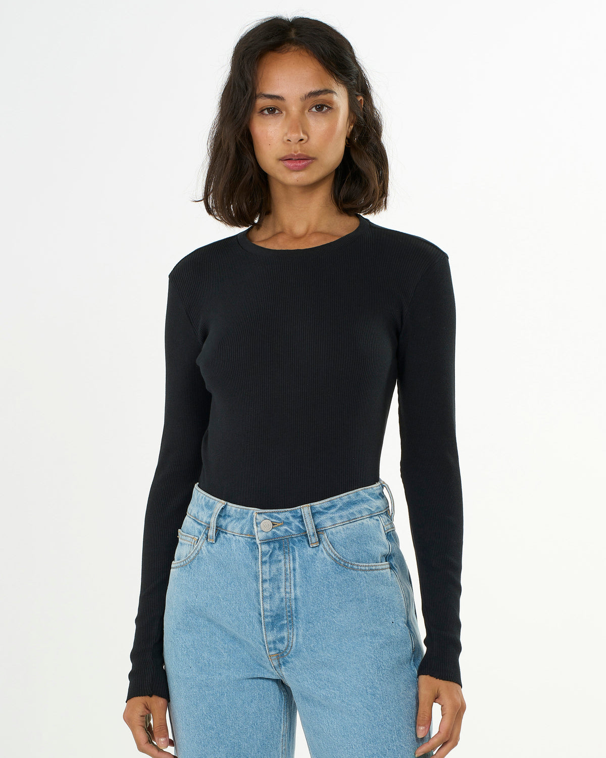 KnowledgeCotton Apparel - WMN Rib Scoop neck long sleeved Long Sleeves 1300 Black Jet