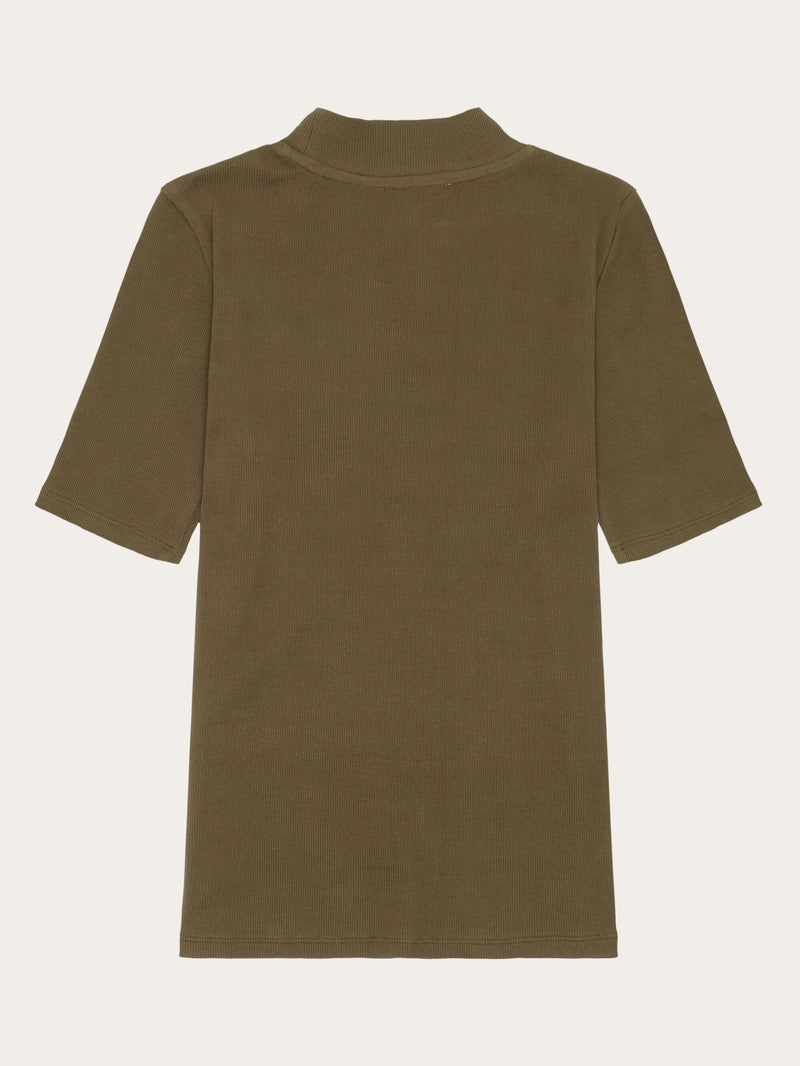 KnowledgeCotton Apparel - WMN Rib high neck SS T-shirts 1100 Dark Olive