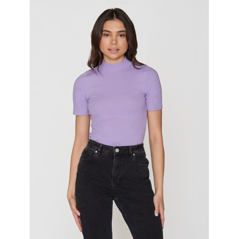 KnowledgeCotton Apparel - WMN Rib high neck SS T-shirts 1418 Violet Tulip