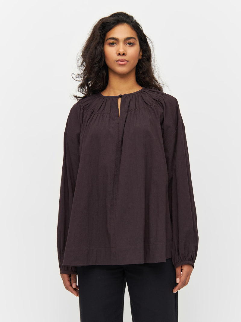 KnowledgeCotton Apparel - WMN Seersucker A-shape shirt Shirts 1394 Chocolate Plum