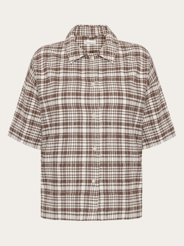 KnowledgeCotton Apparel - WMN Seersucker check short sleeved shirt - GOTS/Vegan Shirts 7030 Beige check