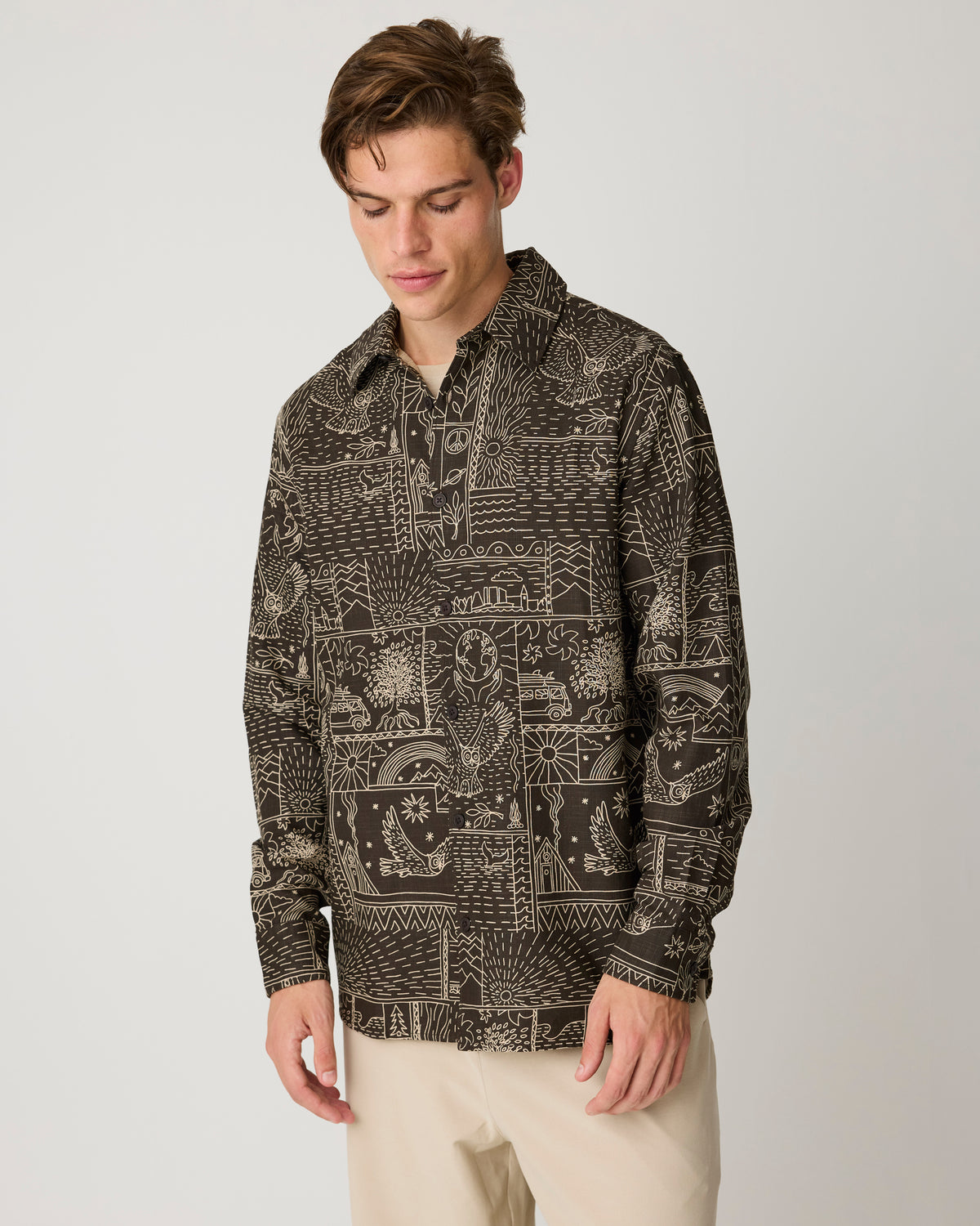 KnowledgeCotton Apparel - MEN Sleet comfort print shirt Shirts 9935 Dark Brown
