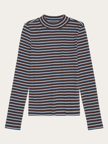 KnowledgeCotton Apparel - WMN Striped rib high neck long sleeved Long Sleeves 8026 Brown stripe