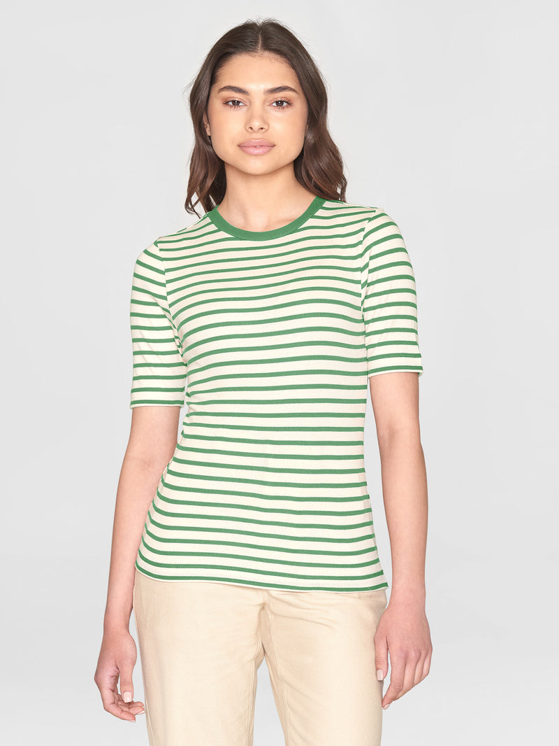 KnowledgeCotton Apparel - WMN Striped rib t-shirt T-shirts 8023 Green stripe