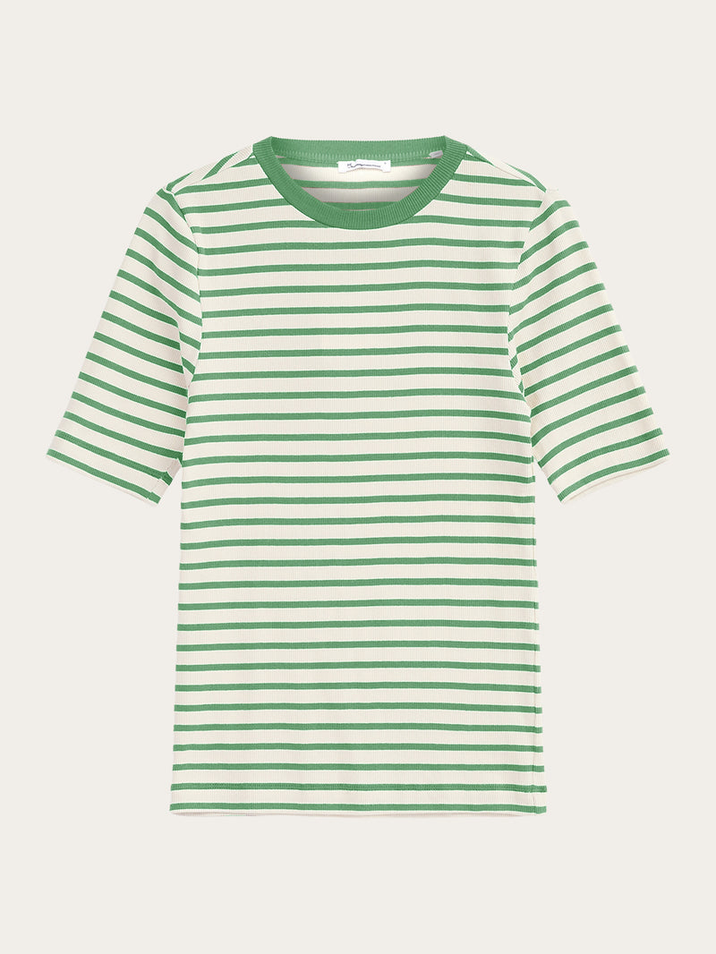 KnowledgeCotton Apparel - WMN Striped rib t-shirt T-shirts 8023 Green stripe