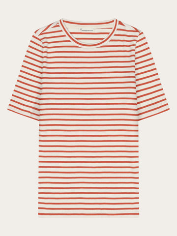 KnowledgeCotton Apparel - WMN Striped rib t-shirt T-shirts 8025 Red Stripe