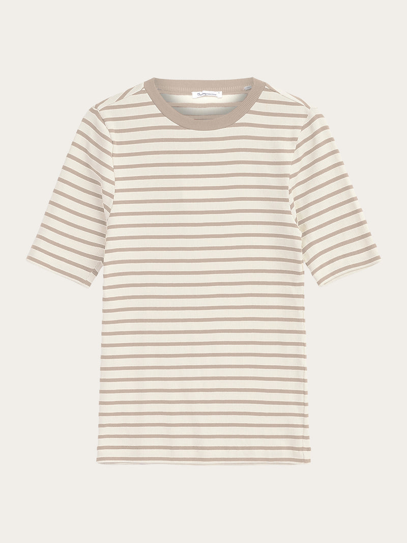 KnowledgeCotton Apparel - WMN Striped rib t-shirt T-shirts 8030 Beige stripe