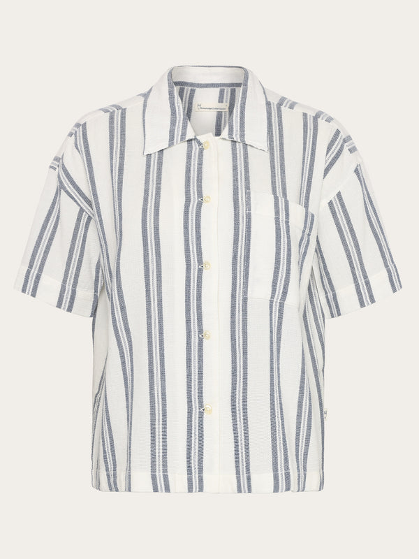 KnowledgeCotton Apparel - WMN Striped short sleeved shirt - GOTS/Vegan Shirts 8021 Blue stripe