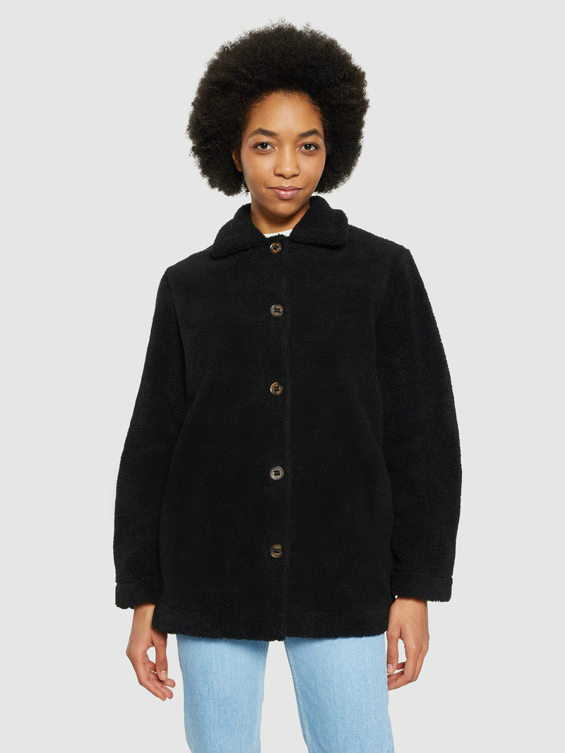 KnowledgeCotton Apparel - WMN Teddy overshirt jacket - GRS/Vegan Fleeces 1300 Black Jet