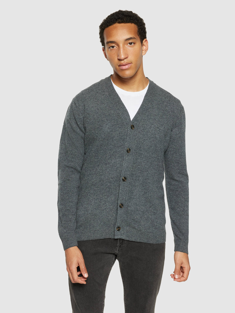 KnowledgeCotton Apparel - MEN V-neck wool knit cardigan - RWS Knits 1073 Dark Grey Melange