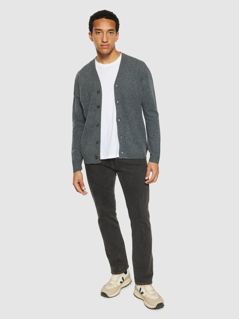 KnowledgeCotton Apparel - MEN V-neck wool knit cardigan - RWS Knits 1073 Dark Grey Melange