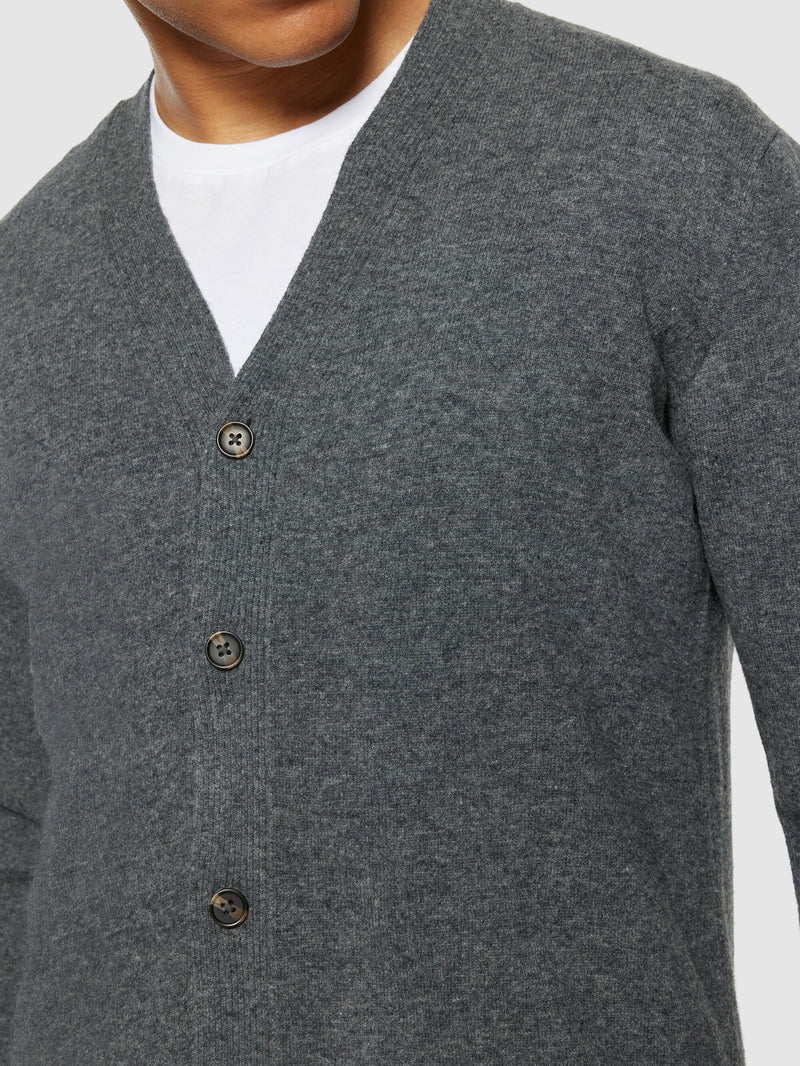 KnowledgeCotton Apparel - MEN V-neck wool knit cardigan - RWS Knits 1073 Dark Grey Melange