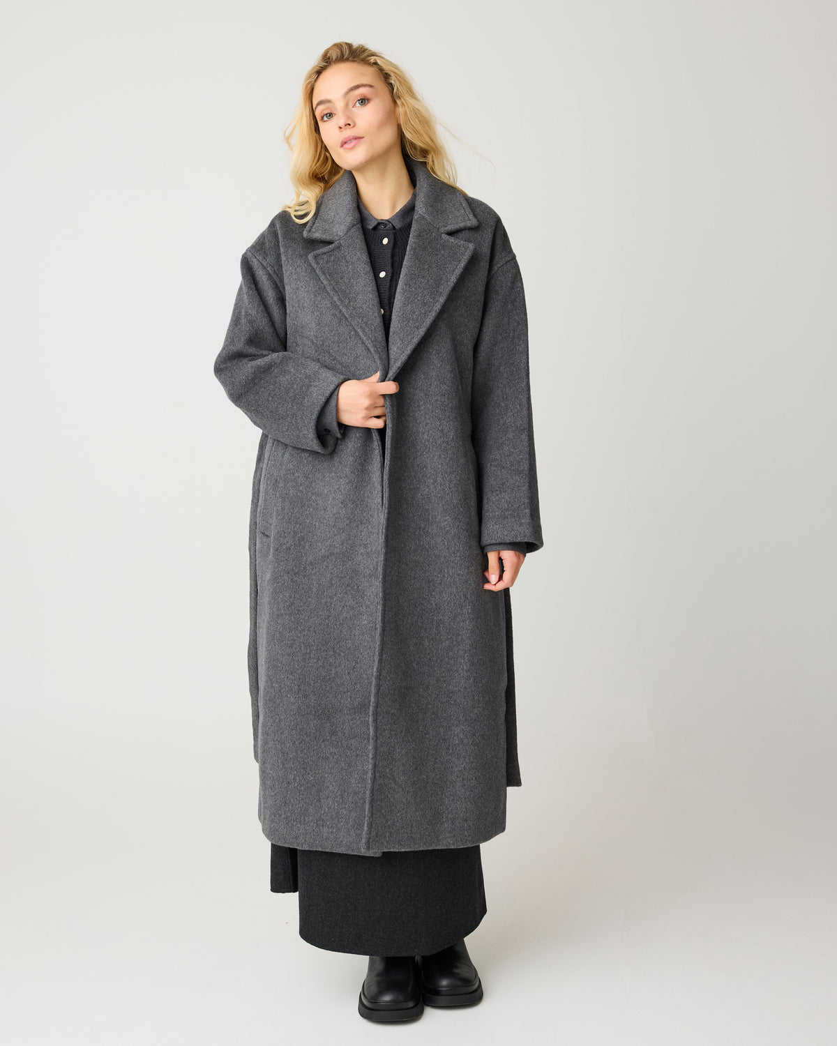 KnowledgeCotton Apparel - WMN Wool lapel coat Jackets 1073 Dark Grey Melange